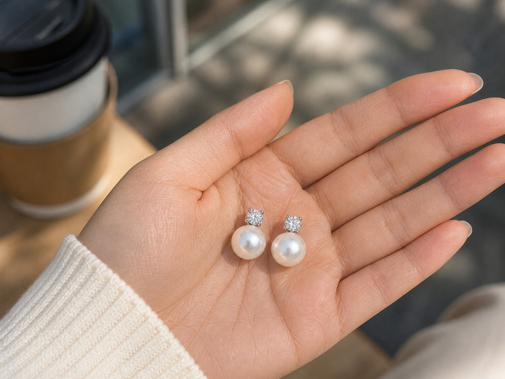 Elegant pearl drop earrings by Luxe Treasures featuring retro-style dangling pearls on a delicate metal setting.