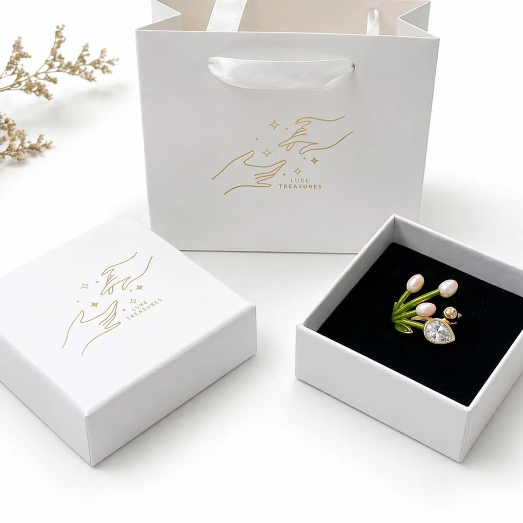 Elegant pearl flower ring with crystal accents by Luxe Treasures, showcased in a luxury gift box for women.