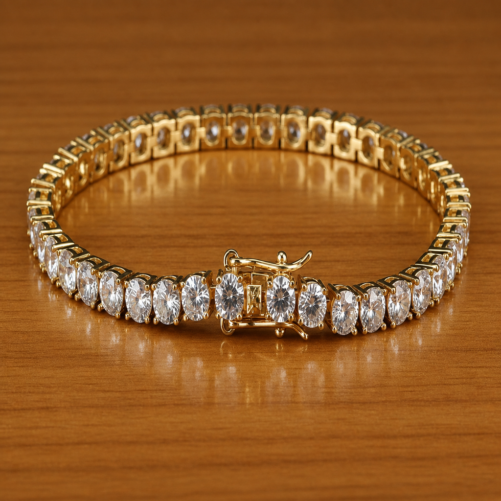 Gold tennis bracelet with sparkling zirconia stones, luxury jewelry piece showcasing elegant design and intricate craftsmanship.