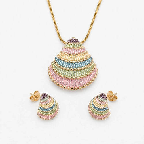 Boho shell jewelry set for women beaded shell pendant necklace and matching earrings by Luxe Treasures