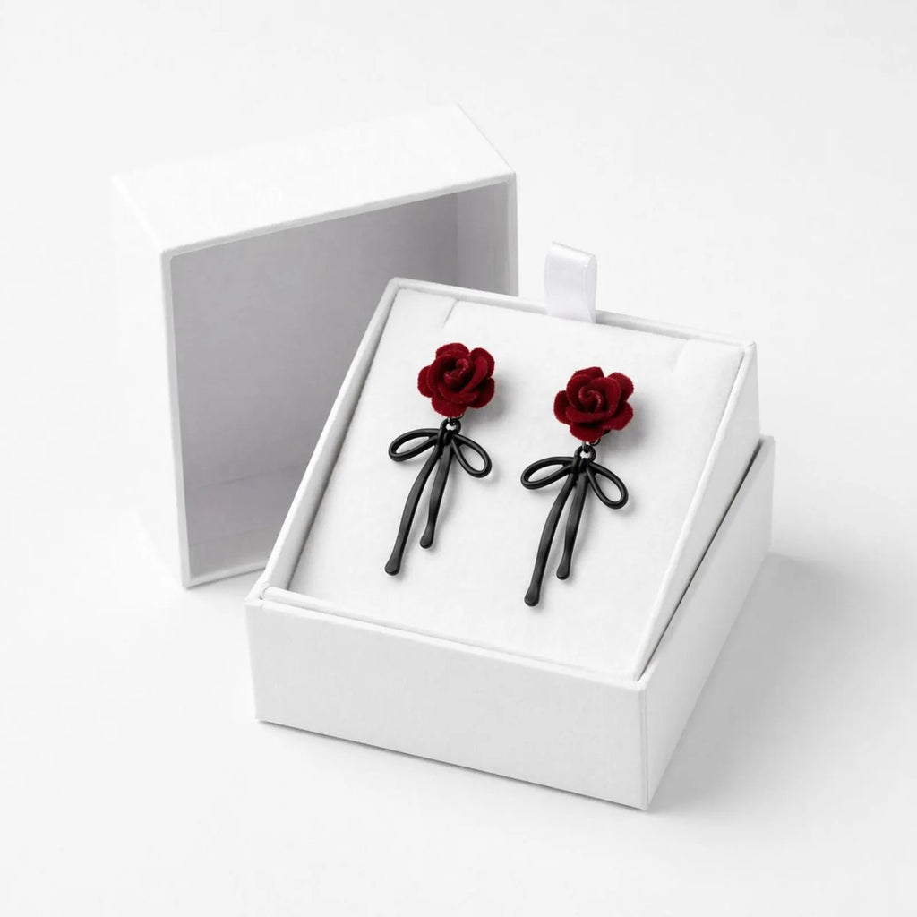 floral dangle earrings with black ribbon dangle jewelry for women, featuring floral design and elegant style.