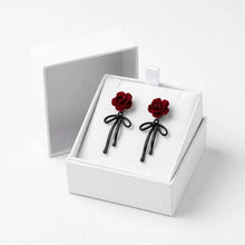Load image into Gallery viewer, floral dangle earrings with black ribbon dangle jewelry for women, featuring floral design and elegant style.