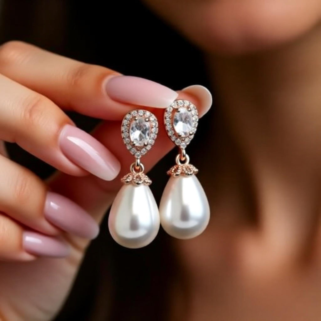 Luxe Treasures teardrop pearl dangle earrings with crystal halo accents, bridal jewelry with elegant, hanging pearl design.