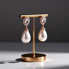 Load image into Gallery viewer, Luxe Treasures teardrop pearl dangle earrings with crystal halo design, perfect for bridal jewelry and special occasions.