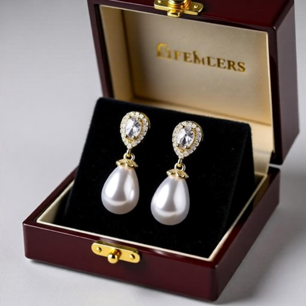 Teardrop pearl dangle earrings with crystal halo accents, elegant bridal jewelry by Luxe Treasures displayed in the image.