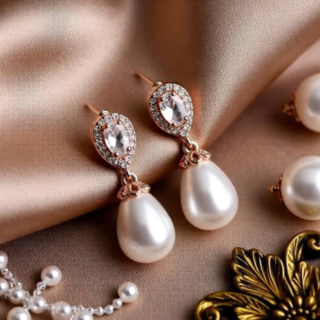 Luxe Treasures teardrop pearl dangle earrings with crystal halo design, elegant bridal jewelry for special occasions