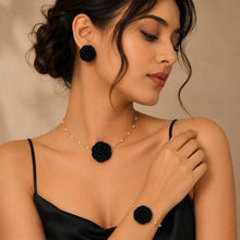 Load image into Gallery viewer, Luxe Treasures rose jewelry gift set with red, black, and white floral necklace, bracelet, and earrings in a premium box.