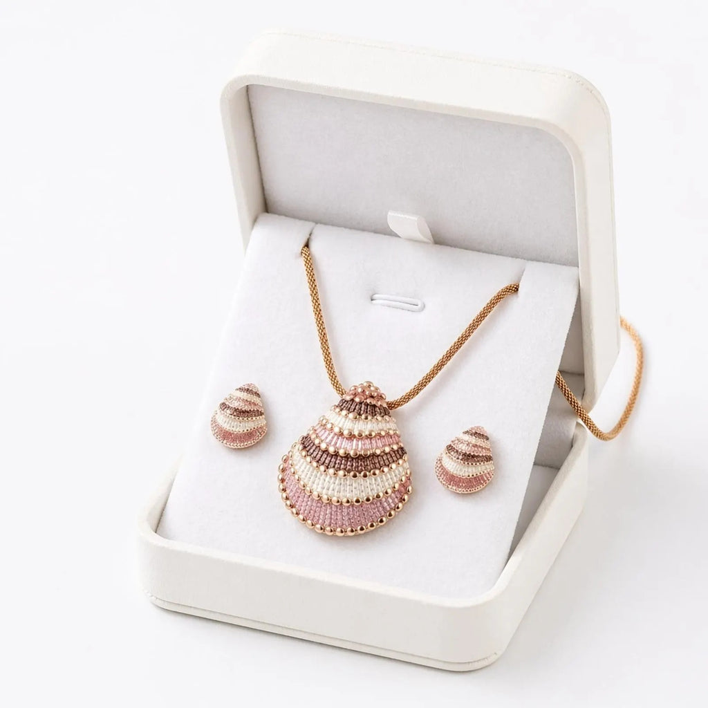 Beach-inspired shell necklace set necklace and matching earrings, featuring intricate beadwork and shell accents.